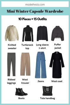 A winter mini capsule wardrobe helps you travel lightly or when storing the seasonal clothes away. Learn how to create one here! Winter Basics Wardrobe 2023, January Europe Outfits, Travel Capsule Wardrobe Fall Germany, Minimal Winter Wardrobe, European October Outfits, Winter Carry On Capsule Wardrobe, European Winter Capsule Wardrobe, European Winter Travel Capsule Wardrobe, Australian Winter Fashion 2024