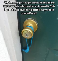 a door handle with a blue cord hanging from it's center and the bottom part of its lock