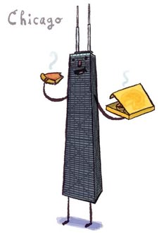 a cartoon drawing of a skyscraper holding a piece of cake and hot dog in it's hand