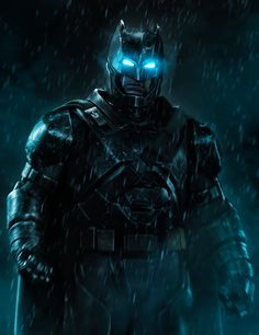 batman in the dark knight costume standing in the rain with blue eyes and glowing head