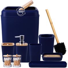 blue bathroom accessories including soap dispenser, toothbrush holder, and cups