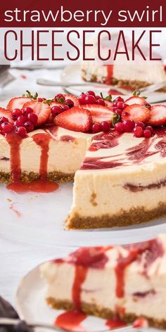 strawberry swirl cheesecake on a plate with strawberries