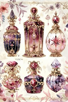 an illustration of some fancy vases with flowers around them on a white background, including pink and purple colors