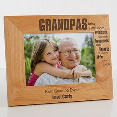 Personalize with any 2 line sentiment in your choice of block or script fontA verse about grandpa will be engraved across the side of the frameAvailable in 3 sizes Top quality, natural wood frame features easel back design for table top display, or ready for wall mount5" x 7" photo opening with glass insertFrame measures 9 3/4" x 7 3/4" overallWood grain will vary, so not all frames will look identicalImported Show your grandpa how much he is loved with our Wonderful Grandpa