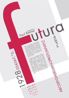 a poster with the words futura in red and black on it's side