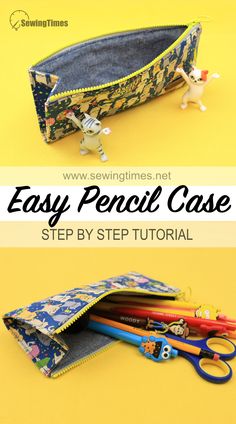 an easy pencil case with scissors and pens in it on a yellow background, the title says