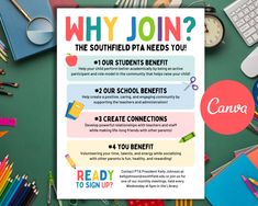 a poster with the words why join? and other school related items on top of it