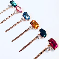 Lovely multicolored rhinestone gem hair pin set makes a perfect gift idea for birthdays, holidays and other special occasions. This classic vintage style is timeless and adds a touch of beauty and sparkle to you look. Check out my other styles and get free shipping for orders over $35. Enjoy!  Message me anytime for custom orders. Each piece is made by Galactic Bohemian with love. Gem Hair, Polka Dot Socks, Gold Hair Pin, Classic Vintage Style, Rhinestone Hair Pin, Rhinestone Hair Clip, Jewelry Hair, Bobby Pin, Bridal Hair Pins