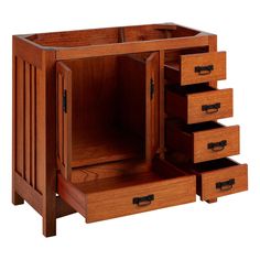 a wooden cabinet with five drawers and one door open