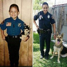 two police officers standing next to each other with dogs in their lap and the caption reads, dreams do come true