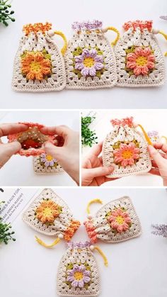 the crochet bag is made with flowers and has two small draws on each side