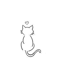 a black and white drawing of a cat with a heart on it's tail