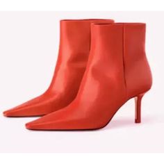 Zara High Heel Gaucho Pointed Toe Red Leather Ankle Boots Size Us 5 New Without Box These Zara High Heel Gaucho Pointed Toe Red Leather Ankle Boot Are New With Tags (No Box) And Never Worn. Style No: 1173 001 020 Description: Upper 100% Cow Leather. Lining 80% Polyurethane 20% Polyester. Sole Vulcanized Rubber 100% Polyester. Sole 100% Sheep Leather Red Leather High Heel Ankle Boots. Lined Stiletto Heels. Pointed Toes. Heel Height Of 7 Cm. / 2.8″ Pointed Toe Calf Leather Boots With Red Sole, Red Pointed Toe Faux Leather Boots, Red Pointed Toe Calf Leather Boots, Pointed Toe Red Faux Leather Boots, Cream Ankle Boots, Red Leather Pointed Toe Mid-calf Boots, Red Leather Boots, Sock Ankle Boots, Heel Stretch