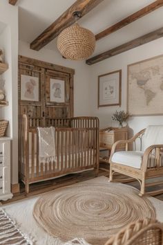 a baby's room with wicker furniture and decor