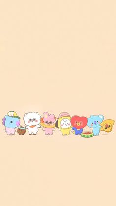 a row of cute little cartoon characters on a light colored background with space for text