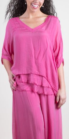 V-Neck Silk Kaftan Style Blouse with Raw Edge Hem on Bottom Layer. 100 % Silk Fits sizes XS-XL Made in Italy Casual Viscose Tunic Top, Summer Viscose Tunic Top, Viscose Short Sleeve Beach Blouse, Summer Tunic Blouse For Layering, Spring V-neck Tunic In Lagenlook Style, Spring V-neck Lagenlook Tunic, Pink Viscose Tops For Summer, Spring Viscose Blouse With Crew Neck, Pink Rayon V-neck Blouse