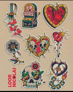 various stickers on a piece of paper with the words love and tattoos written in it