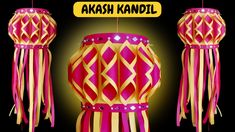 three different types of paper lanterns hanging from strings with the words akash kandel above them