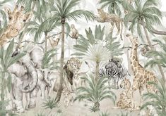 a wallpaper with animals and palm trees in the jungle, including giraffes