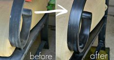 before and after photos of an upholstered metal chair with the seat cushion removed