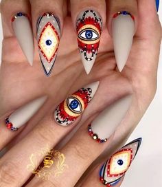 Evil Eye Nail, Nail Design Glitter, Short Stiletto, Evil Eye Nails, Eye Nail Art, Makijaż Smokey Eye, Evil Eyes