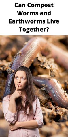 a woman is standing in the dirt with her hand on her chin and looking at an earthworm