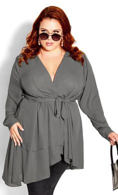 Shop Evans Grey Ruffle Wrap Top at Yours Clothing. Discover women’s plus size clothing in sizes 10-36 with fast delivery. Size 16 Women, Party Dress Sale, Curve Fashion, Evening Tops, Date Night Dresses, Mini Dresses Summer, Feminine Look, Chic Woman, City Chic