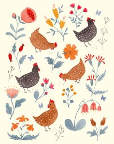 an illustration of chickens and flowers on a white background with red, orange, blue, yellow and green leaves