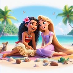 two cartoon characters sitting on the beach together