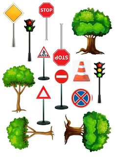 various types of traffic signs and trees on a white background with clippings for text