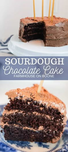 a chocolate cake on a blue and white plate with the words sourdough chocolate cake