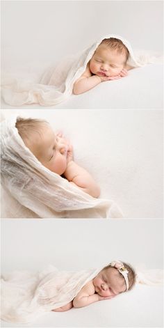 two photos of a baby wrapped in a blanket with their eyes closed and head tucked under the covers