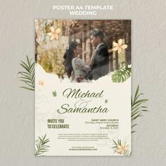 a poster for a wedding with flowers and leaves on the front, and a couple in the back