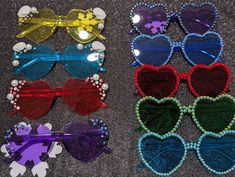 Super cute heart shaped colored sunglasses with sparkling rhinestone trims or pearls. If interested in custom color designs please message :) Bedazzled Heart Sunglasses, Birthday Sunglasses, Diy Sunglasses, Craft Summer, Guard Gifts, Swift Party, Dream Birthday, Beaded Sunglasses, Bead Accessories