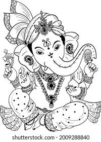 black and white drawing of lord ganesha sitting on the ground with his family