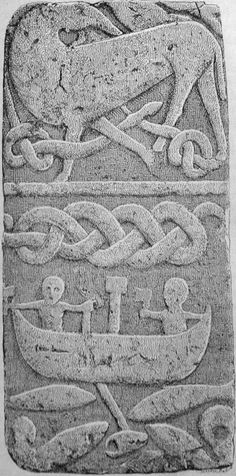 an image of a stone carving with two boats in the water and one boat on it's side