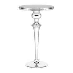 a clear glass table with a metal base on a white background for use as a centerpiece