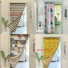 four different pictures of curtains hanging on the wall in front of a mirror and door