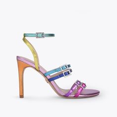 PIERRA Rainbow Leather Buckled Stiletto Heel Strappy Sandals by KURT GEIGER LONDON Rainbow Heels, Womens Strappy Sandals, Kurt Geiger Shoes, Kurt Geiger Heels, Rainbow Bag, Rainbow Shoes, Sneaker Dress Shoes, Rainbow Design, Slingback Heel