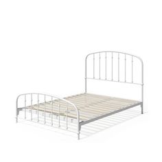 a white metal bed frame with slatted headboard and foot board is shown