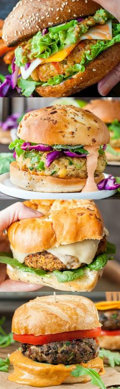 three different views of a hamburger with lettuce, tomato and cheese on it