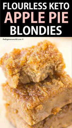 three pieces of apple pie blondies stacked on top of each other with text overlay