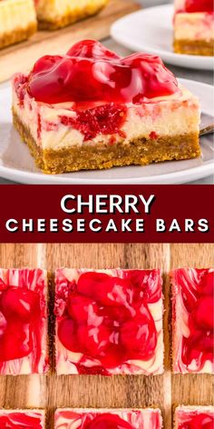 cherry cheesecake bars on a white plate with red toppings and the words cherry cheesecake bars