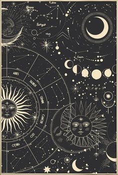 a black and white poster with the sun, moon and stars on it's sides