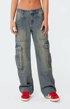 Edikted Westie Low Rise Washed Cargo Jeans | PacSun Visionary Fashion, Jeans Pacsun, My Mobile Number, Cargo Jeans, Pocket Detail, Denim Fabric, S Models, Denim Wash, Pacsun