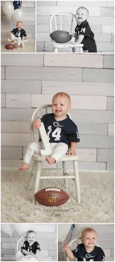 a baby sitting in a chair holding a football and posing for the camera with balloons