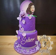 there is a purple cake with a woman on it