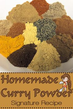 homemade curry powder recipe in a white bowl with the title overlay reading homemade curry power signature recipe