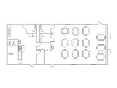 the floor plan for an office with two tables and four chairs, one is empty