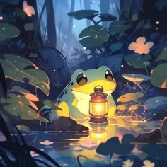 a frog sitting on the ground with a lantern in it's hand, surrounded by leaves